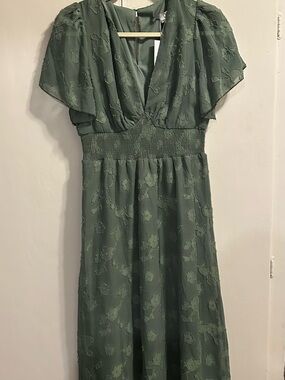 Baltic Born Olive Green Midi Dress with Floral Texture
